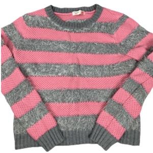 BLOSSOM CLOVER Womens Hot Pink Gray Striped Eyelash Crew Neck Sweater Size S